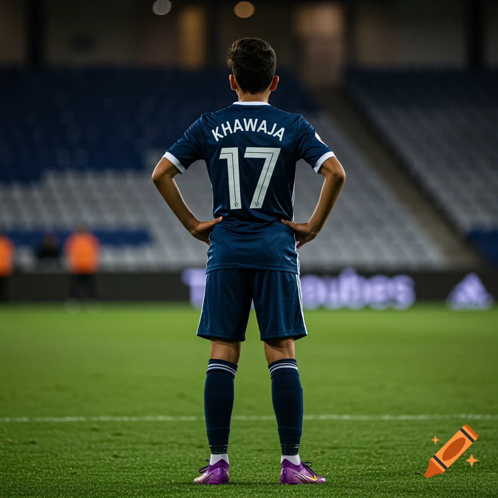A young person in a blue soccer jersey with Khawaja and number 17 stands facing away on a field.
