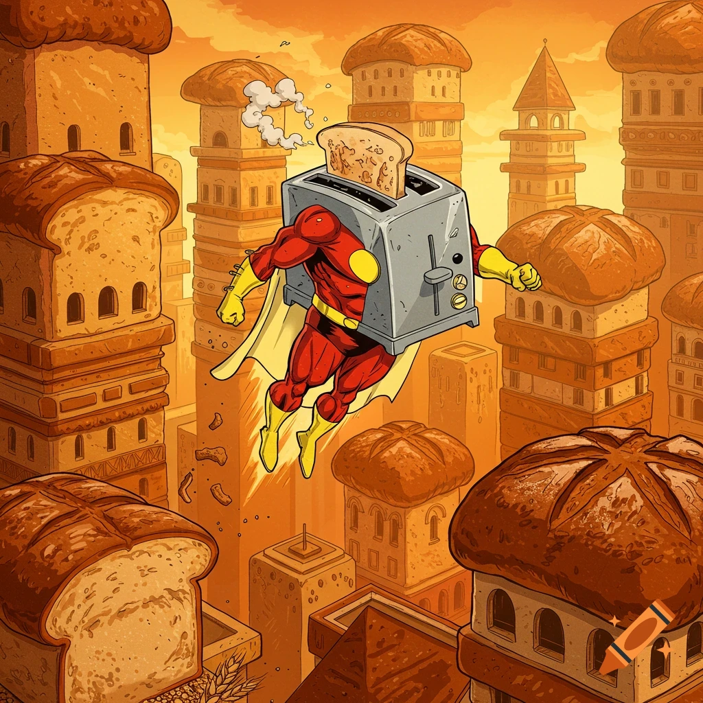 A comic book style image of a superhero with a toaster head flying over a city made of bread.