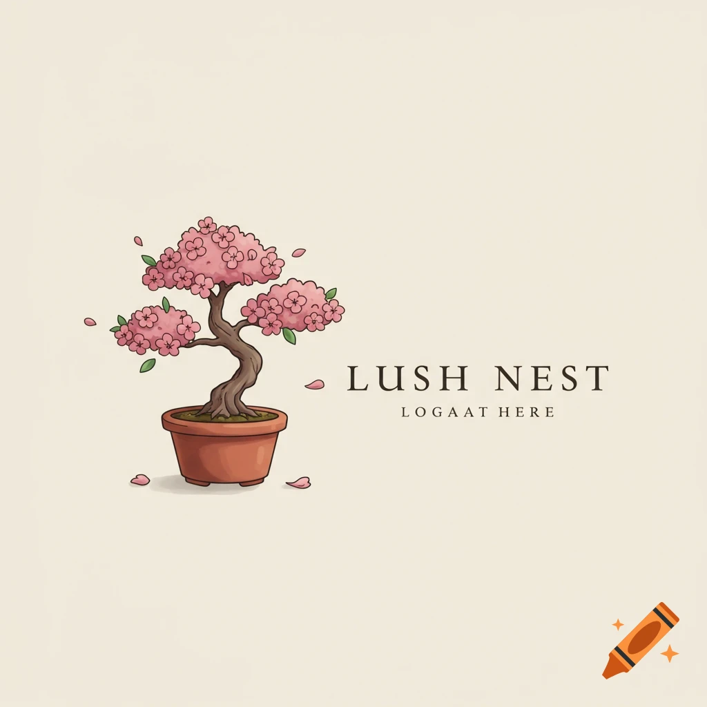 Stylized cherry blossom bonsai tree logo with text 'LUSH NEST LOGAAT HERE'