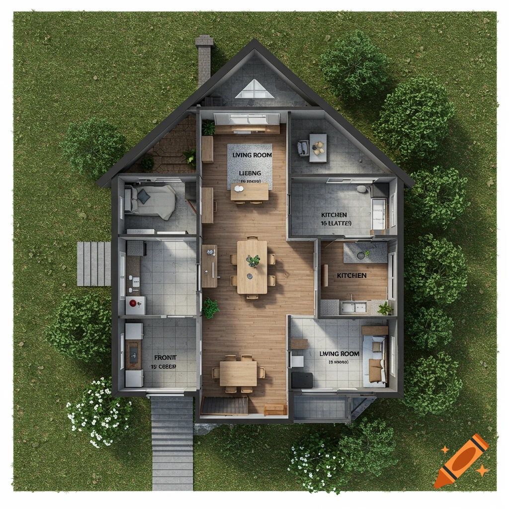 A top-down 3D rendering of a house floor plan showing living rooms, kitchens, and a bedroom.
