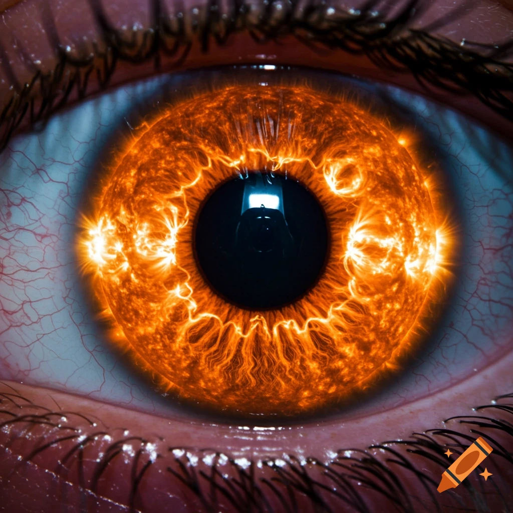 Close-up of an eye, with the iris depicted as the sun surrounded by solar flares.