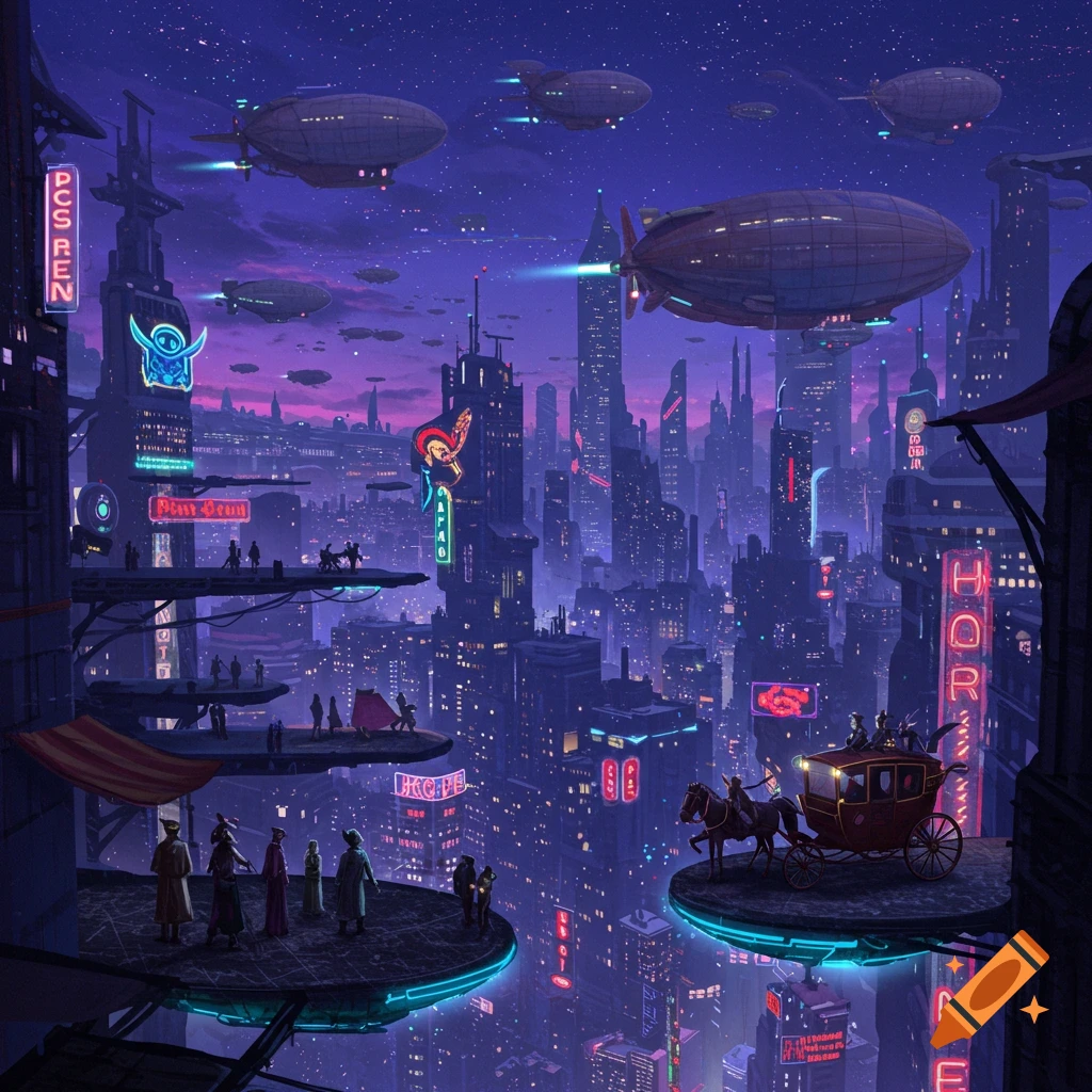 A futuristic city at twilight with airships and flying horse-drawn carriages.