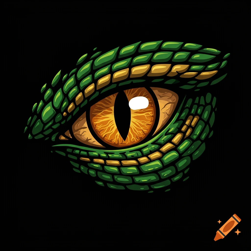 A stylized vector graphic of a green and yellow dragon eye with a vertical pupil.