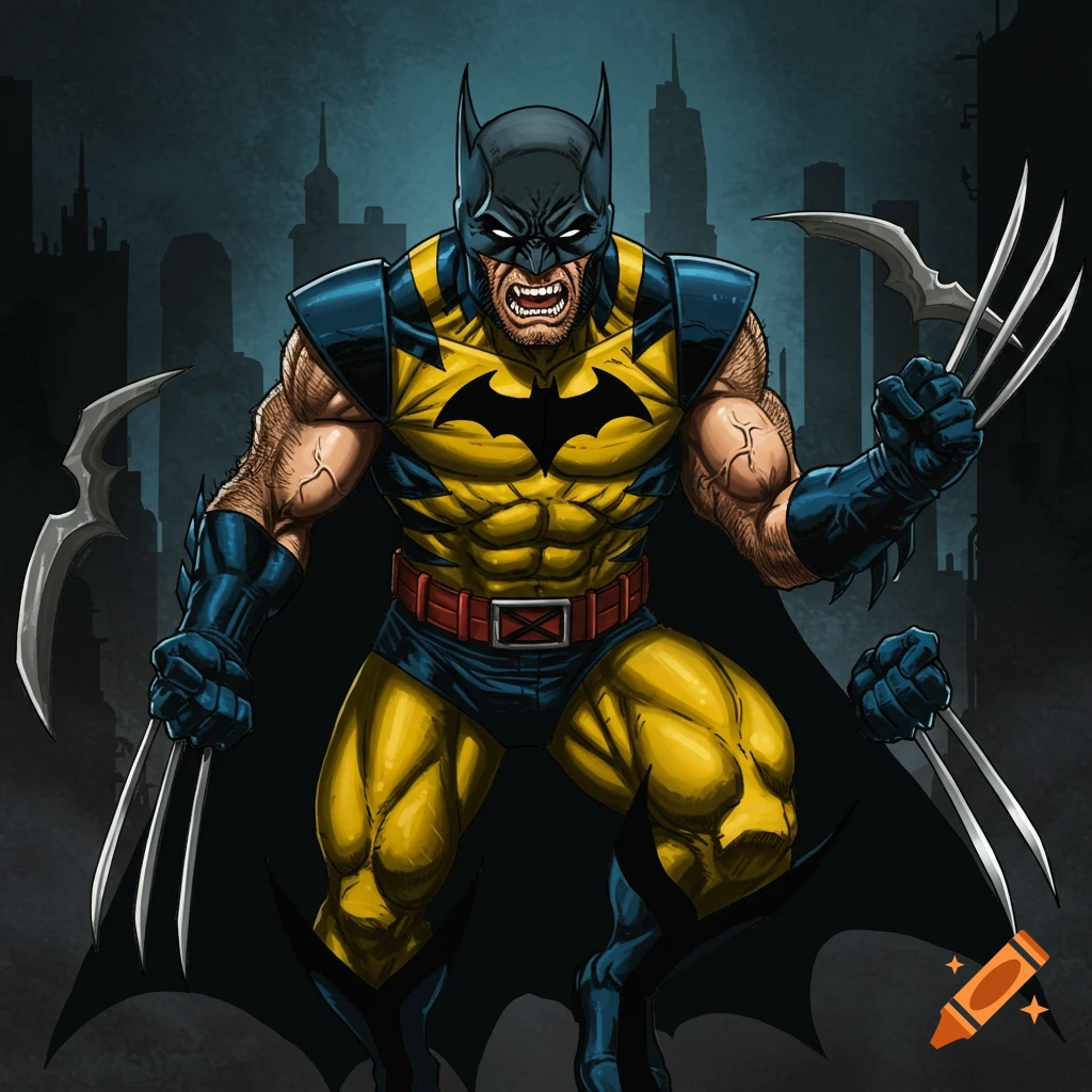 Illustration of a character combining Batman and Wolverine, with bat ears, cape, and claws.