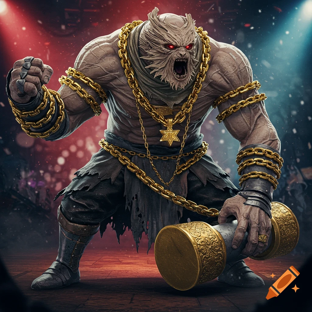 A monstrous figure with red eyes and fangs, covered in gold chains, holding a large ornate weight in a wrestling ring.