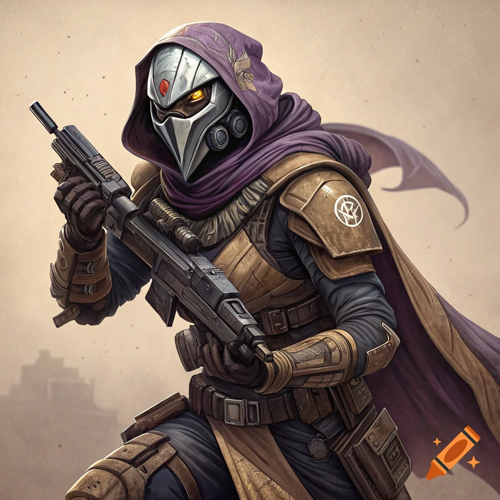 Drawing of a masked figure in purple hooded cloak and armor holding a rifle