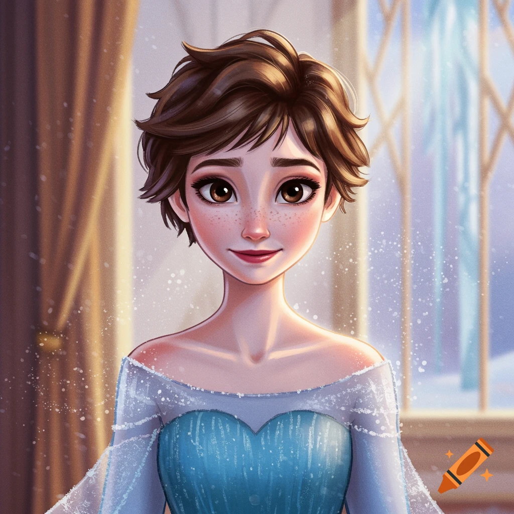 A character with short brown hair and freckles, wearing a blue dress in a snowy palace.
