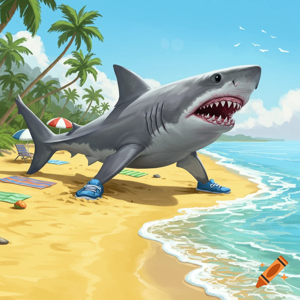 A shark stands on a beach, wearing blue shoes.
