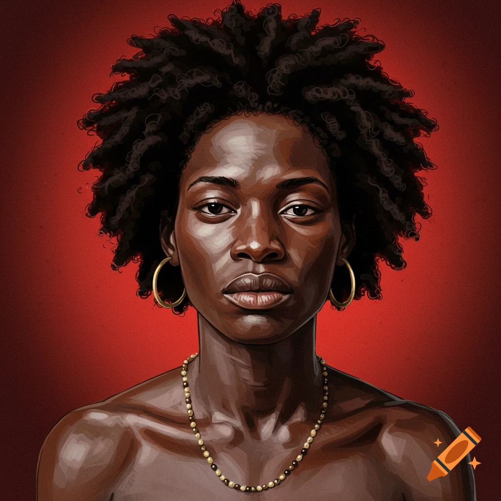 A woman with natural afro hair, hoop earrings, and a bead necklace.
