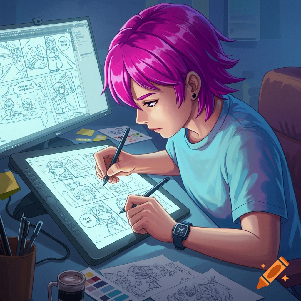 A person with pink hair drawing a comic on a graphics tablet, with comic panels visible on the screen and surrounding papers.
