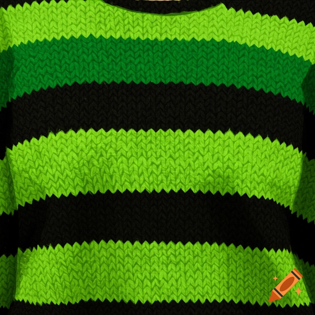 Close-up of a knitted sweater with horizontal stripes in lime green, green, and black.