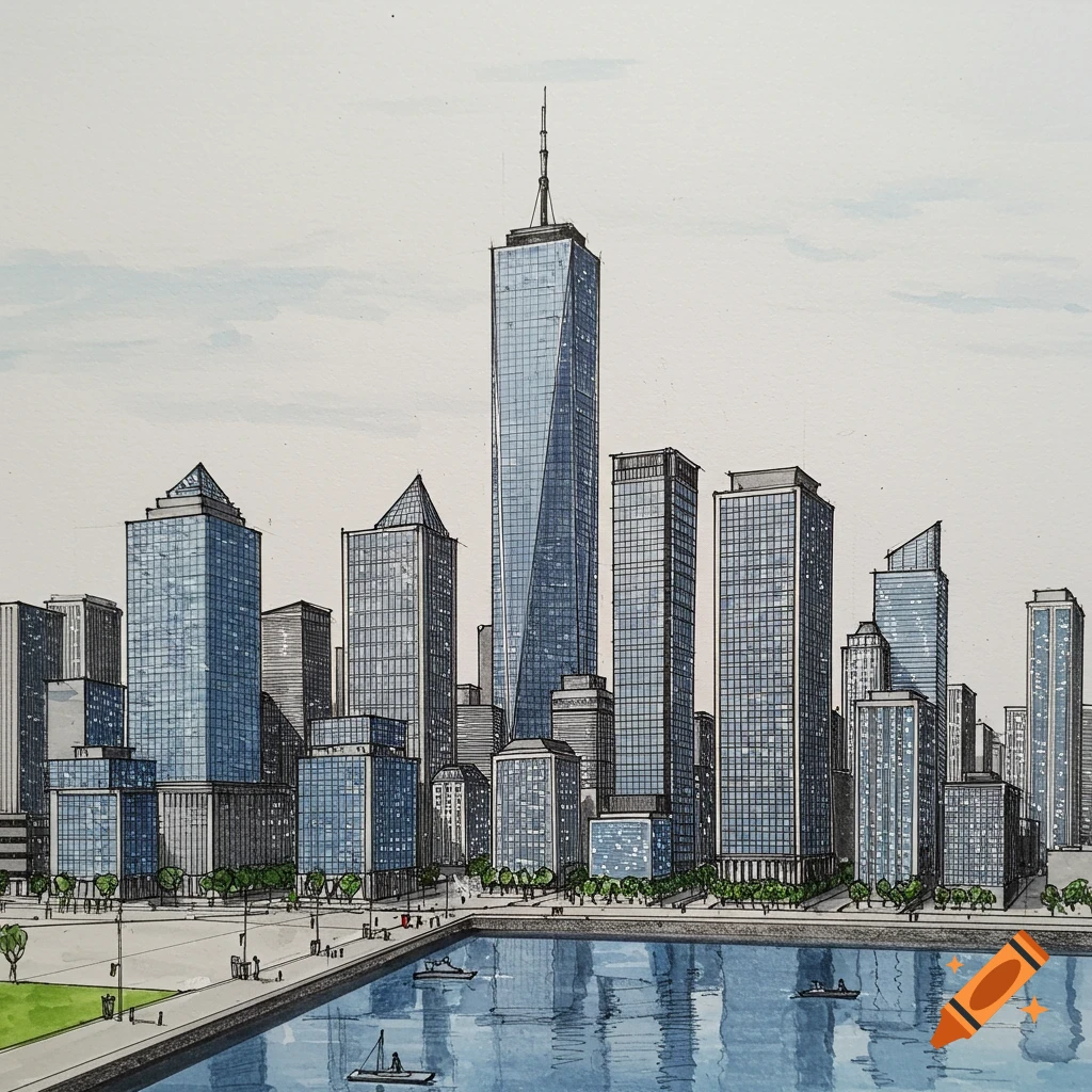 Line drawing with watercolor of a city skyline with tall buildings and a waterfront with boats.