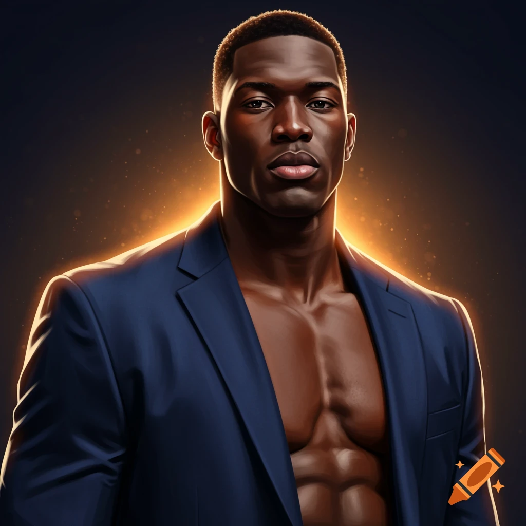 Photorealistic image of a muscular Black man in a dark blue suit jacket, lit by an orange glow.
