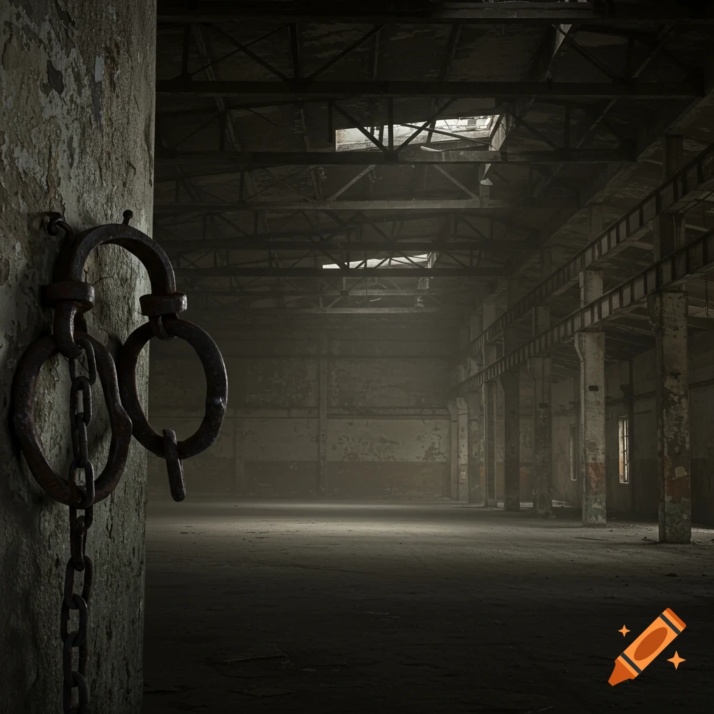 Rusty shackles and chain hang from a grunge wall in a dark, abandoned warehouse. Sunbeams stream through skylights.