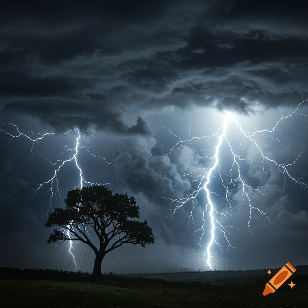 A solitary tree stands silhouetted against a stormy sky with multiple lightning strikes.