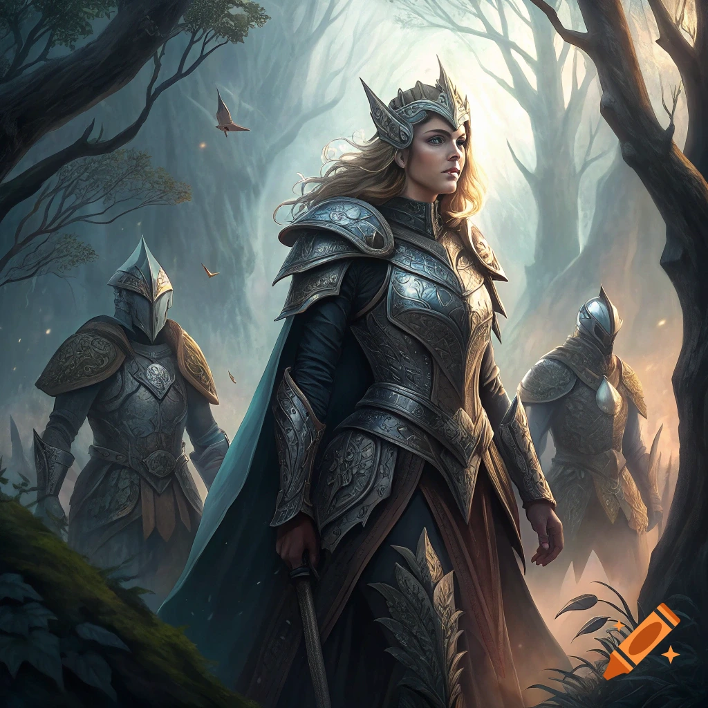 Woman in ornate armor leads two armored figures through a misty forest.