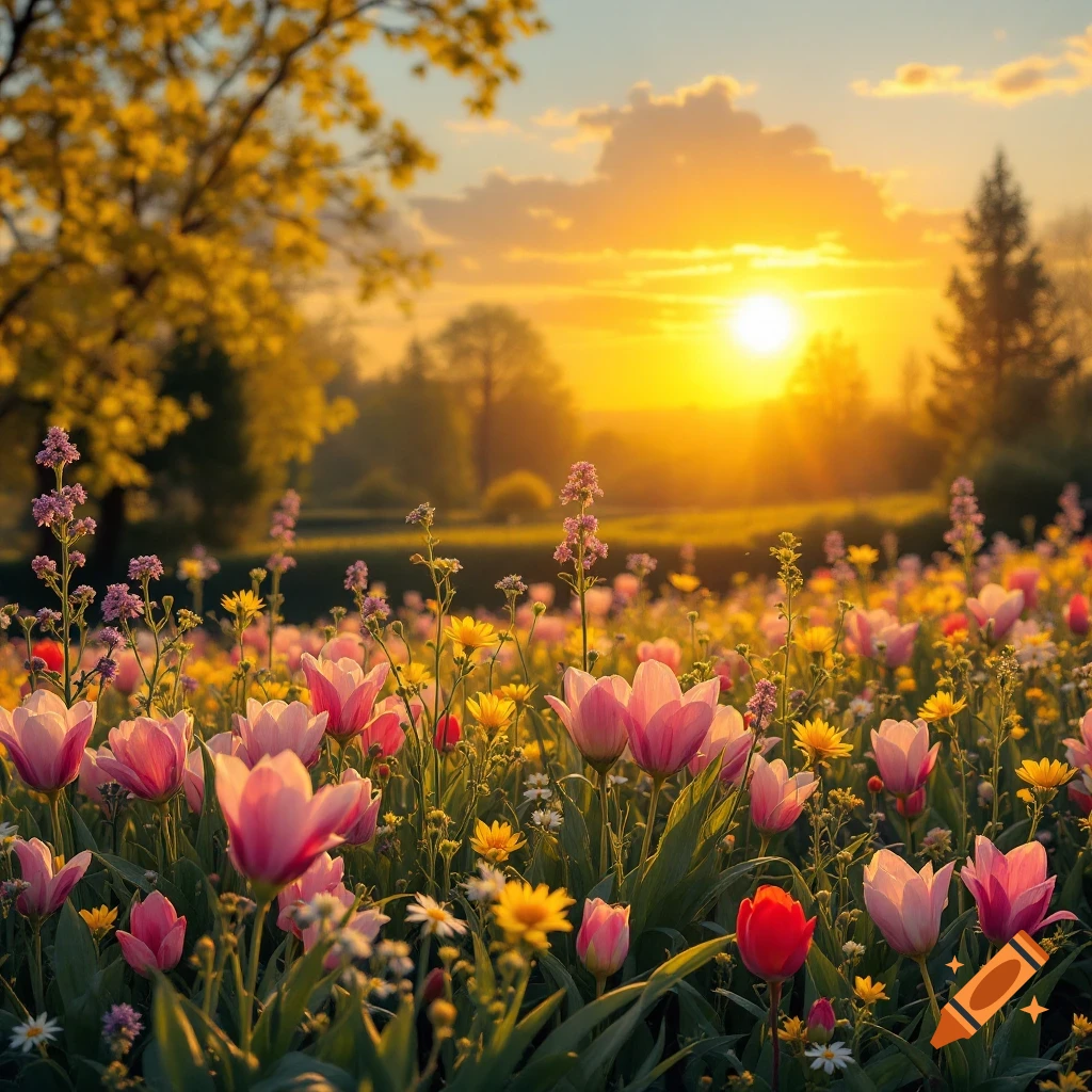 A field of pink and yellow flowers glows in the light of a sunset.