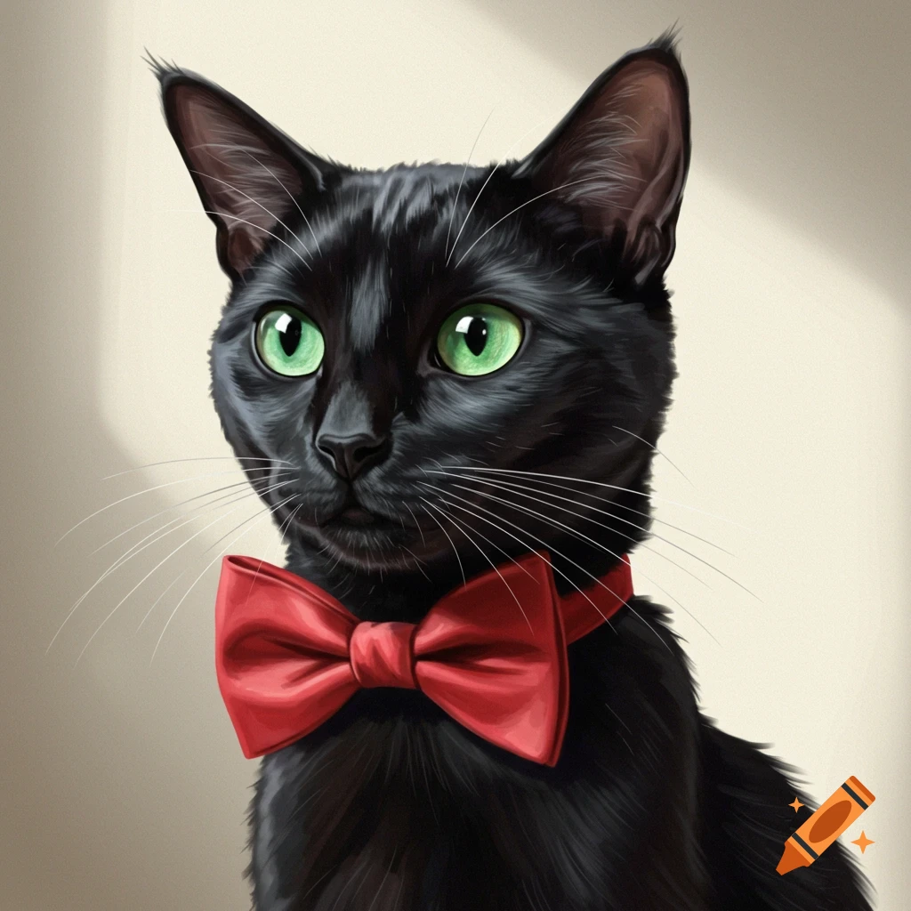 A black cat with green eyes wearing a red bow tie.
