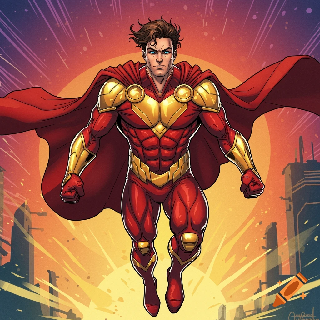 Comic book style image of a superhero in a red and gold costume flying upwards against a sunset over a city.