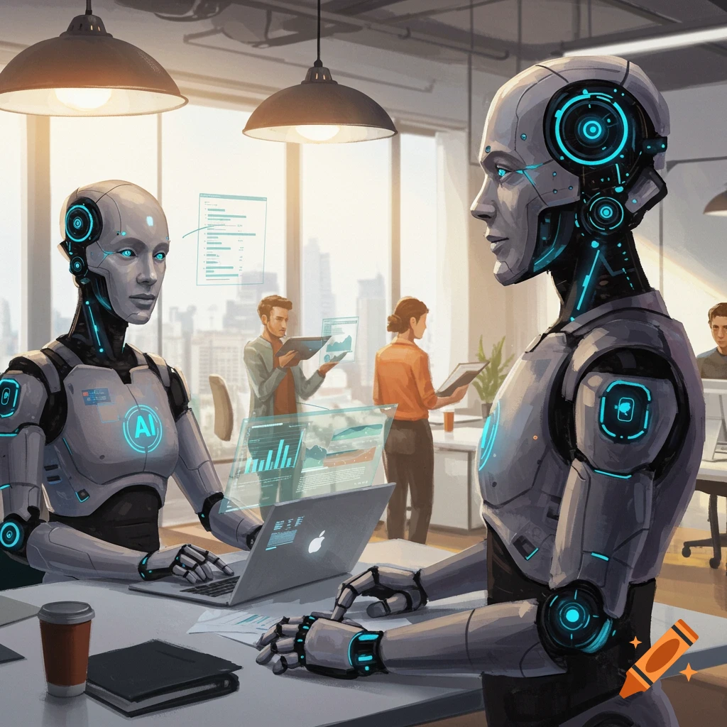 Robots and humans working together in a modern office.