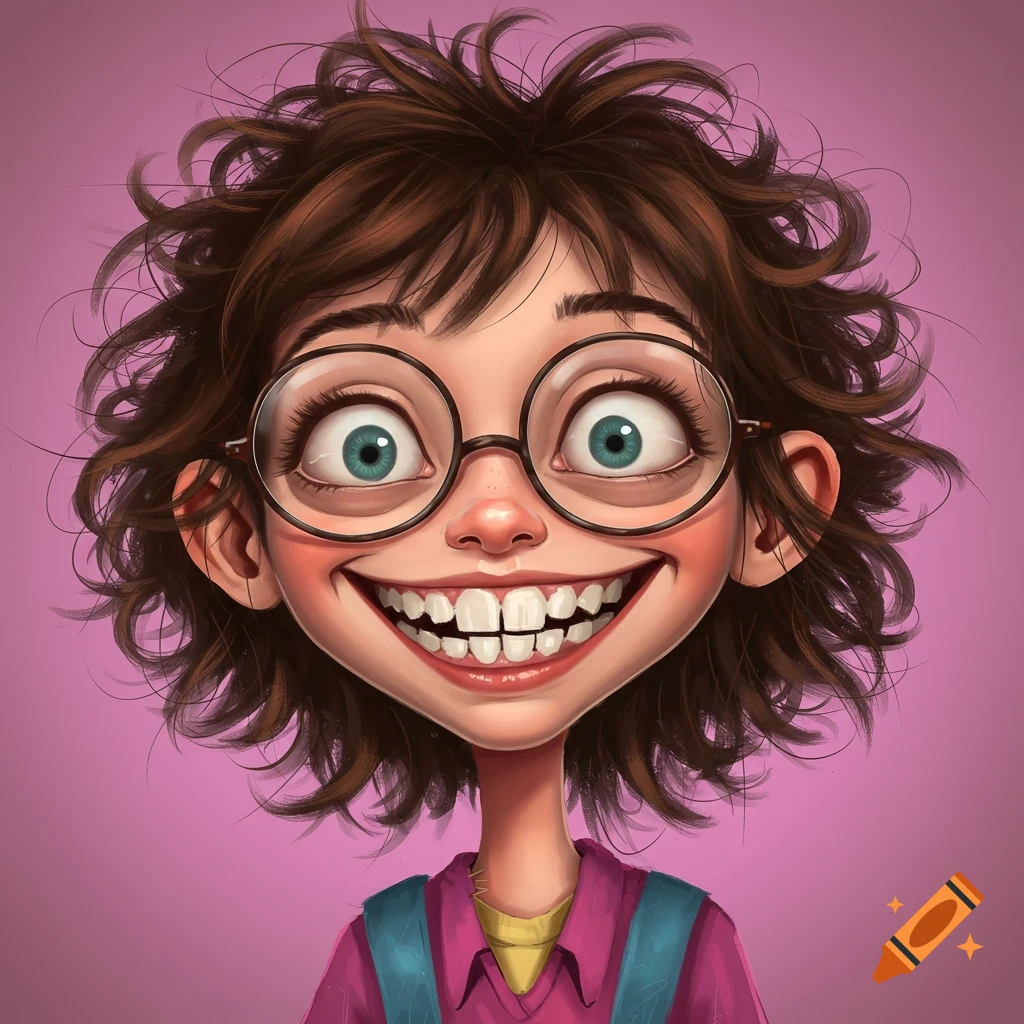 A girl with messy brown hair, round glasses, a goofy smile showing crooked teeth, and overalls.