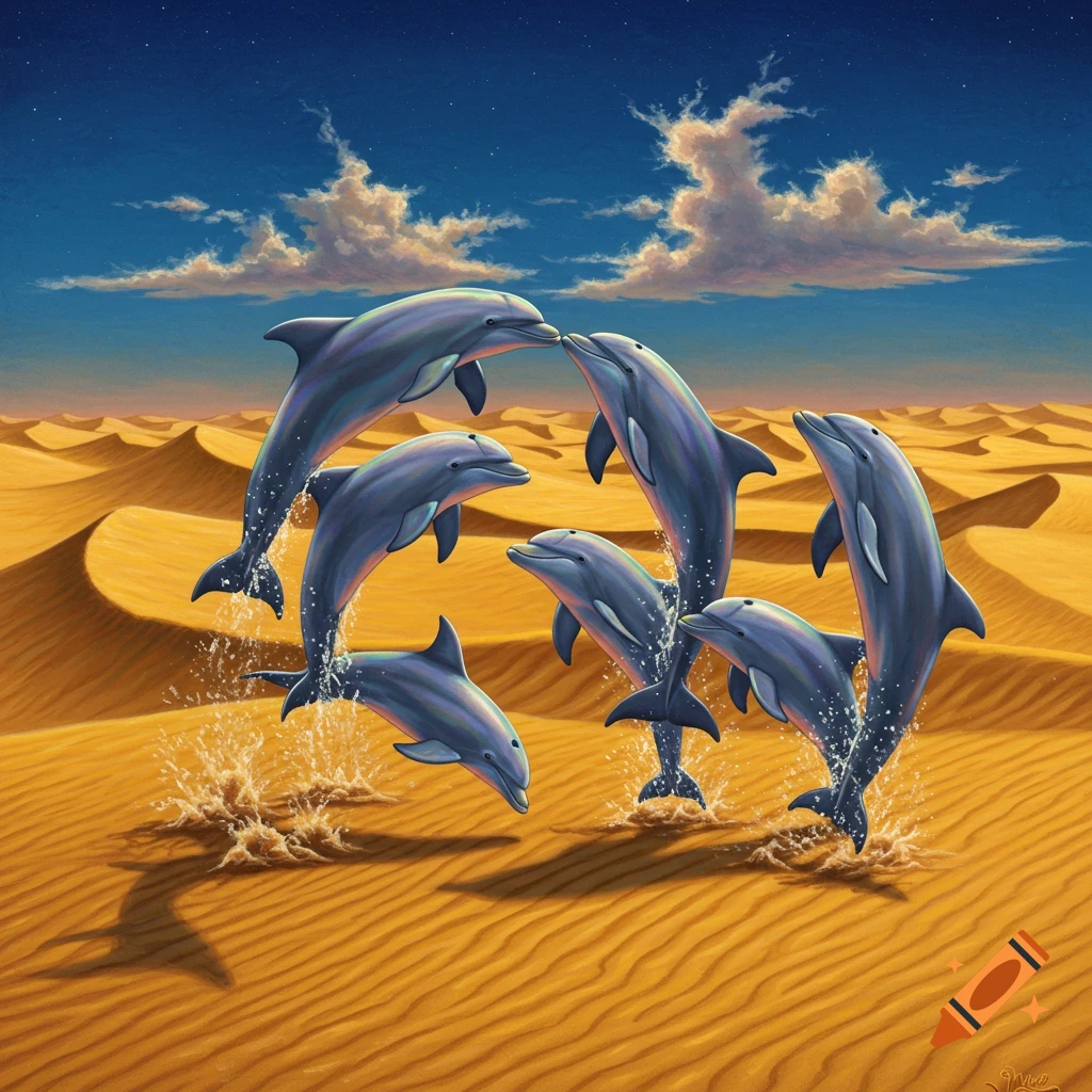 Dolphins leaping from sand dunes in a desert