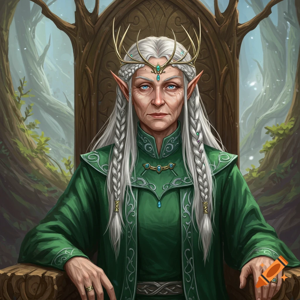 An old elf queen with white braids and a golden crown is sitting on a throne in a forest.