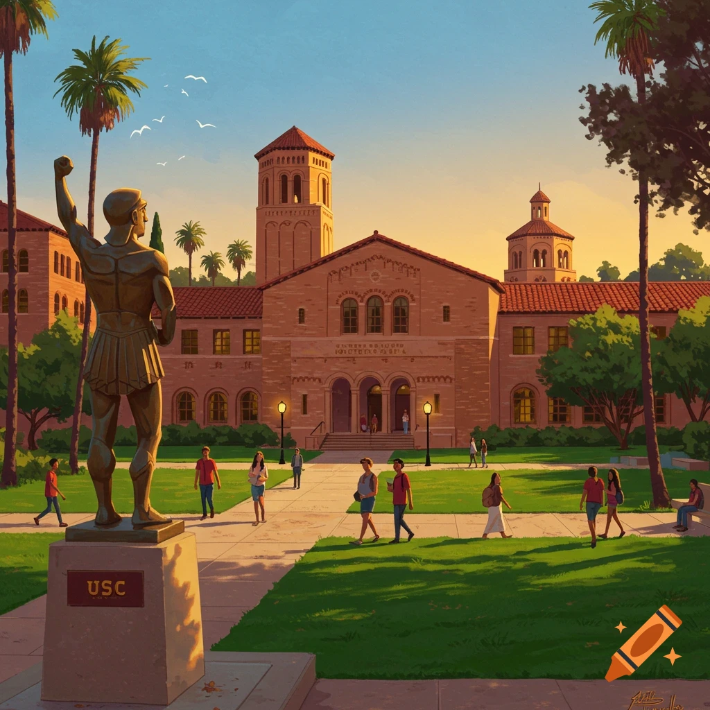 The USC campus with students walking and a statue of a Trojan