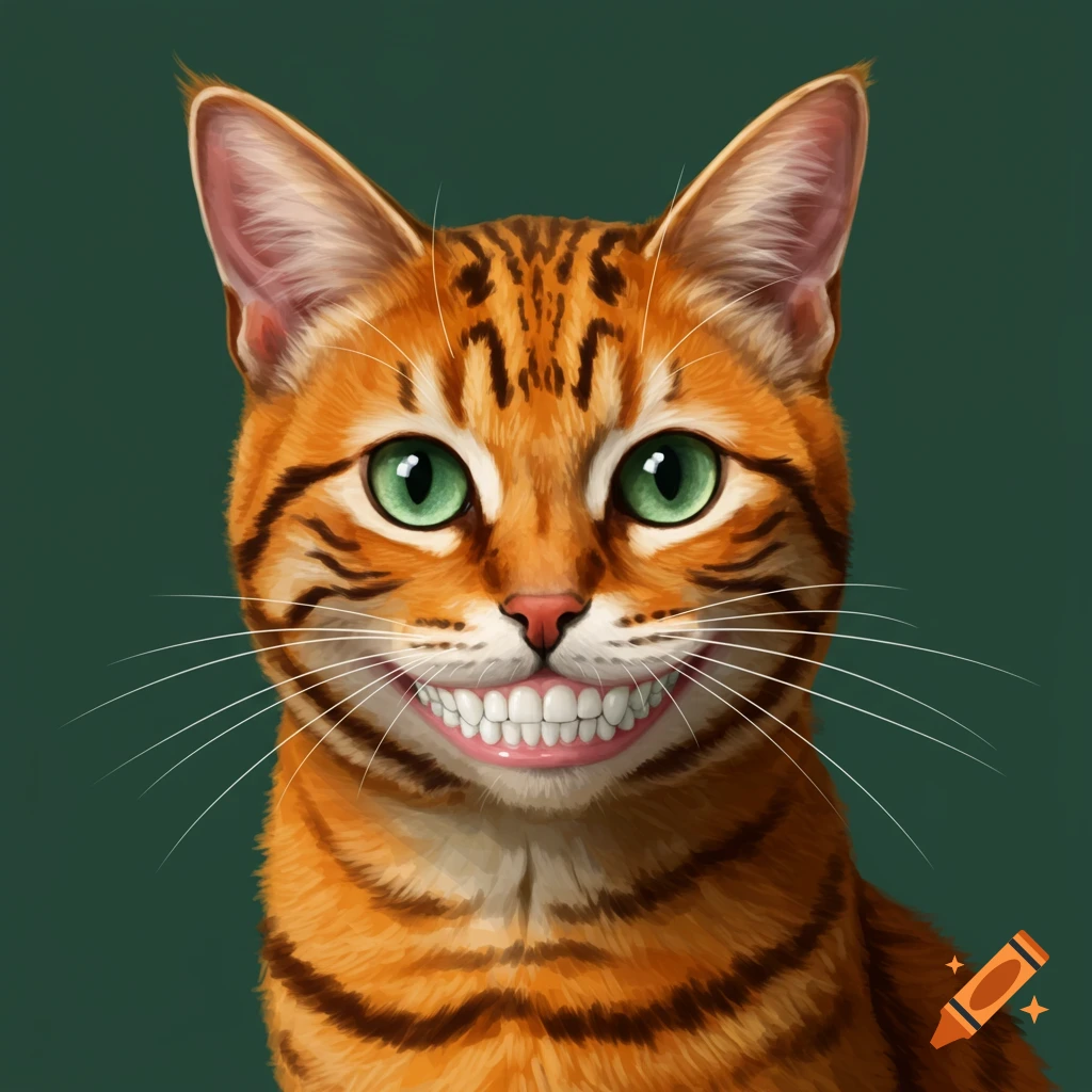 A smiling orange tabby cat with human teeth on a green background.