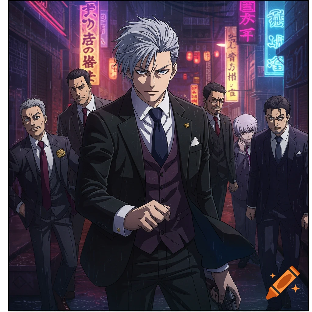 Anime style depiction of a group of men in suits on a rainy city street at night.