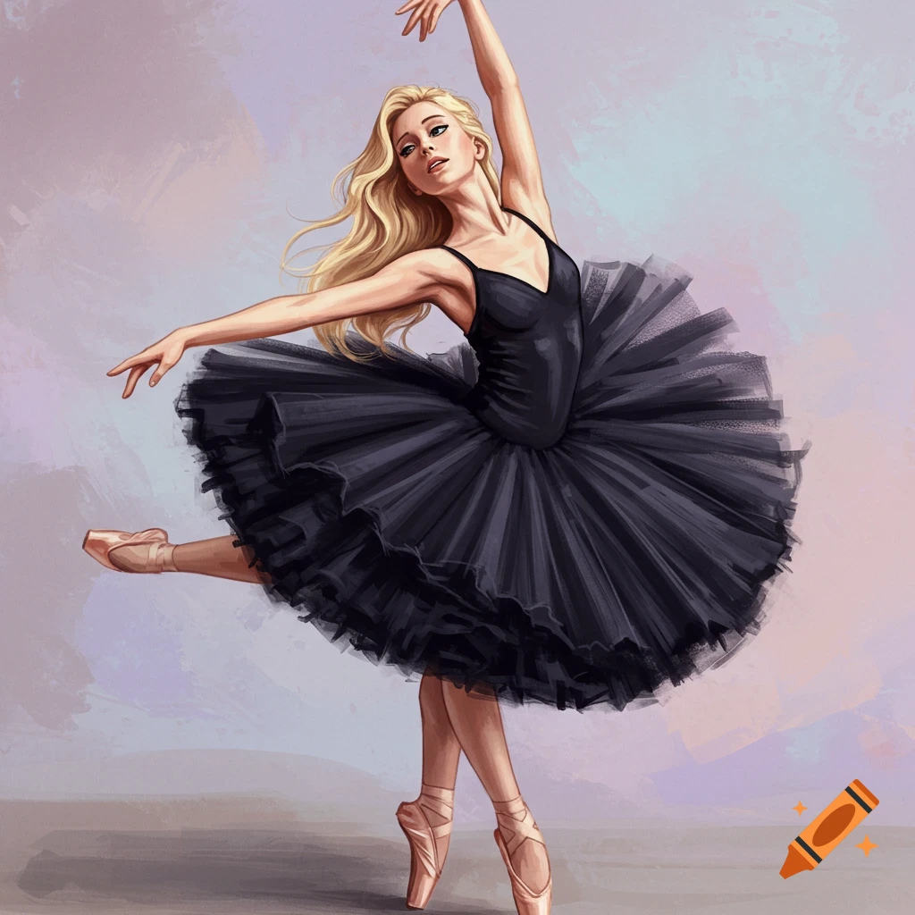 A blonde ballerina in a black tutu dancing en pointe.