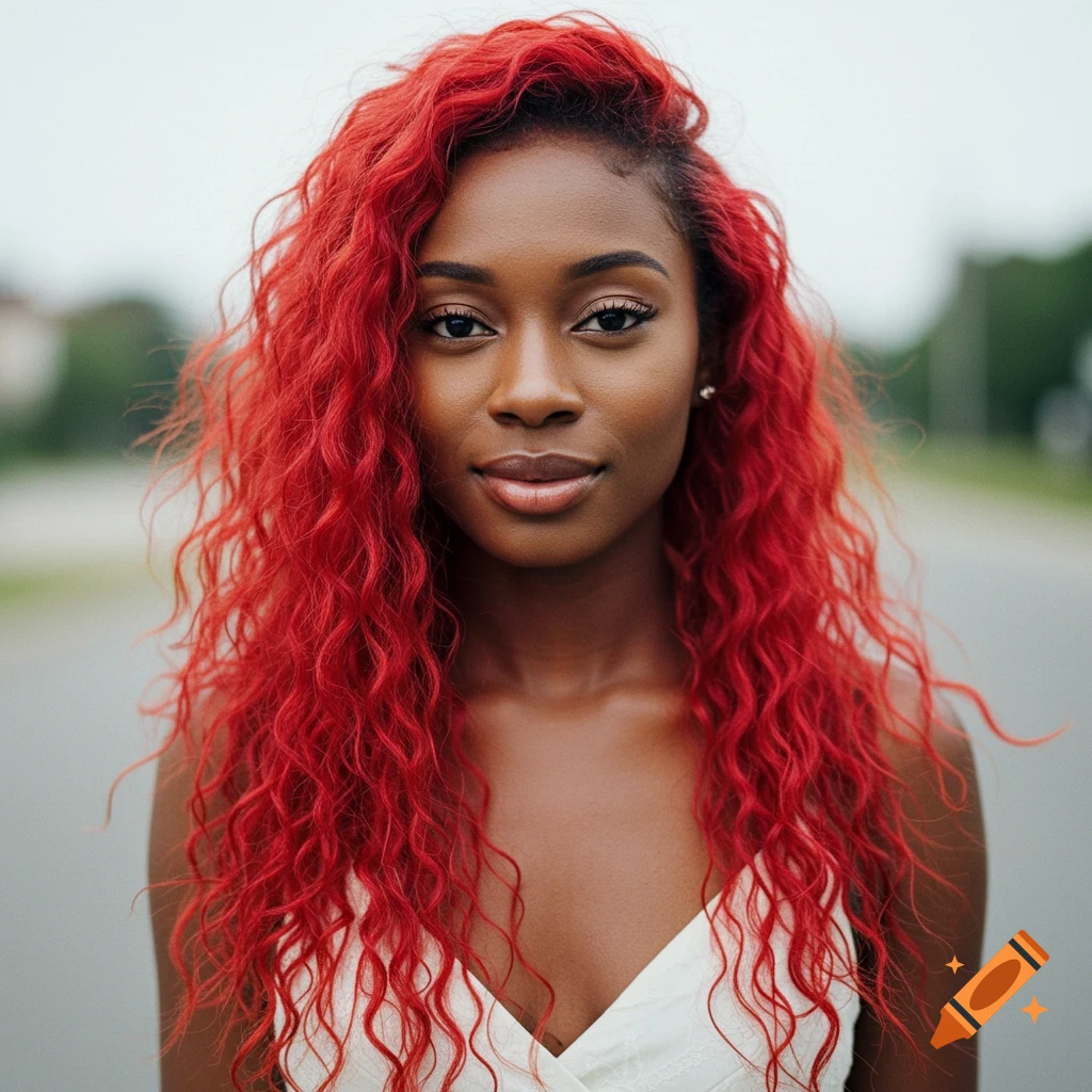 Photorealistic portrait of a Black woman with bright red curly hair.