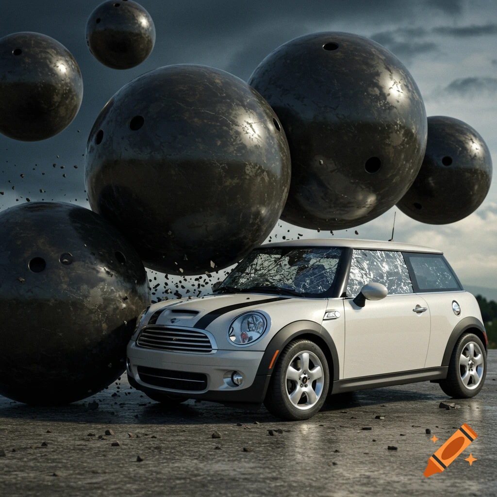 Bowling balls falling and crushing a white Mini Cooper.