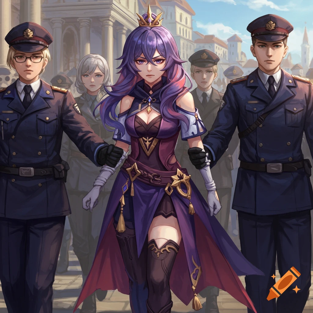Anime character Furina escorted by police officers in a city square.