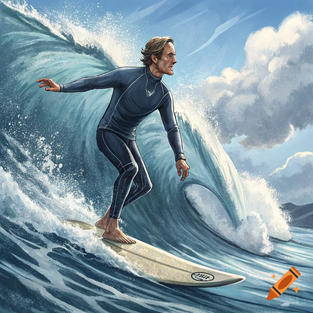Illustrative rendering of a surfer riding a large wave