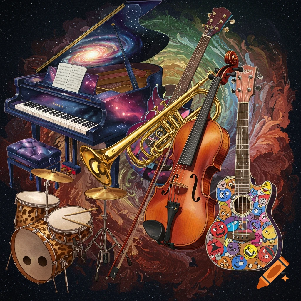 Collage of musical instruments: grand piano, trumpet, violin, drums, ukulele with faces, against a colorful galaxy background.