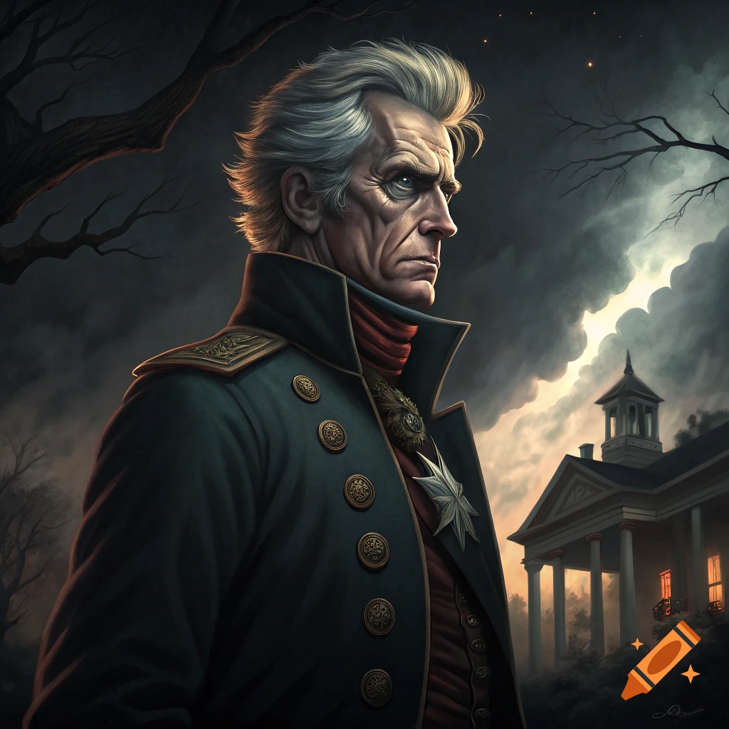 Painting of a severe man in a military uniform against a stormy sky and house, in a dark style.