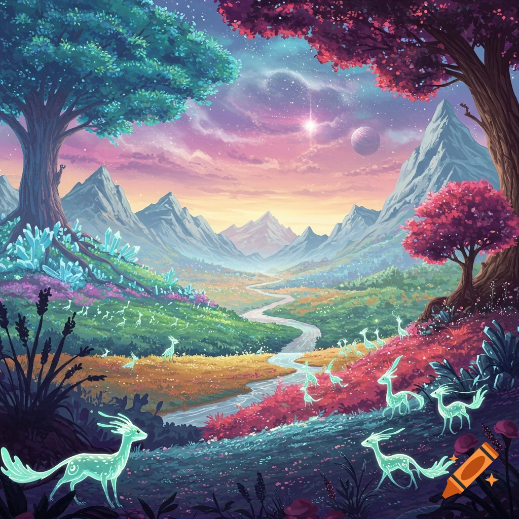 A vibrant fantasy landscape with mountains, a river, luminous creatures, and colorful trees.