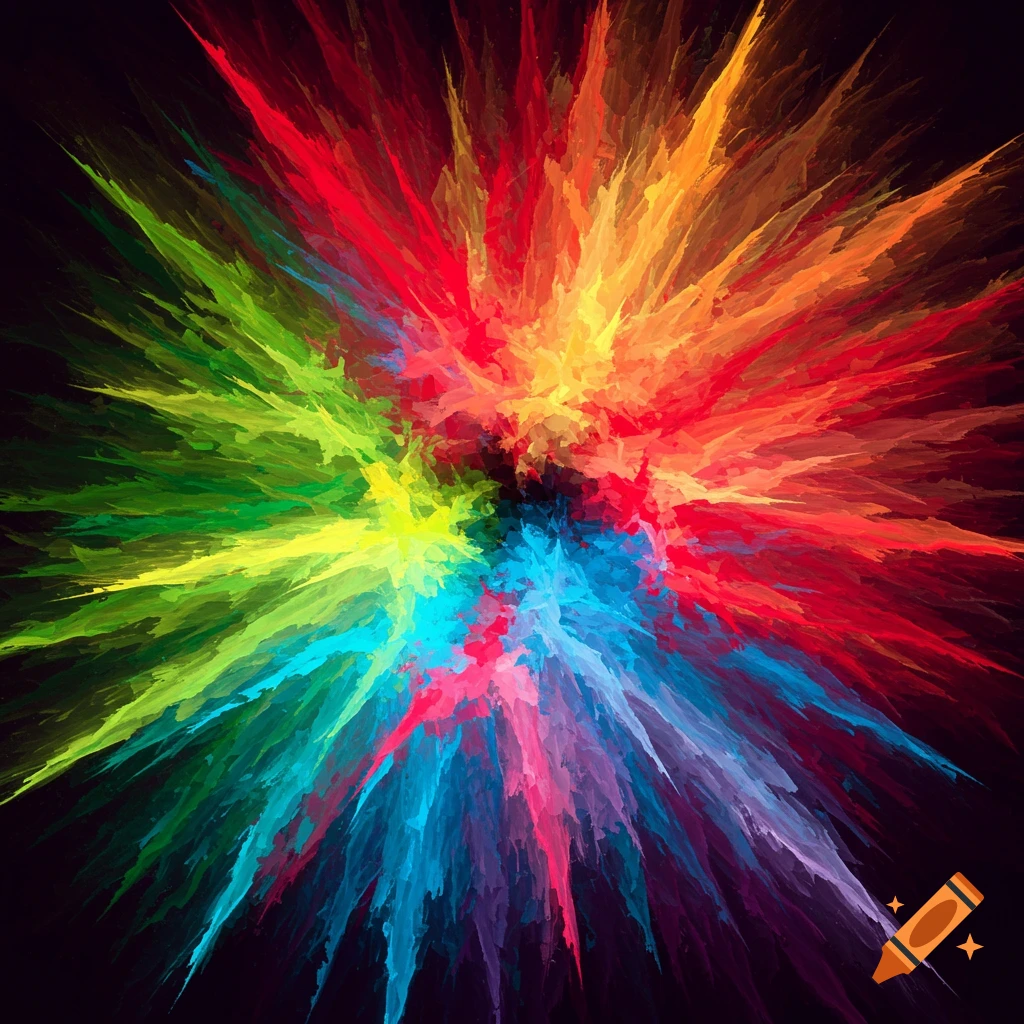 An abstract of vibrant colors exploding outwards on a dark background.