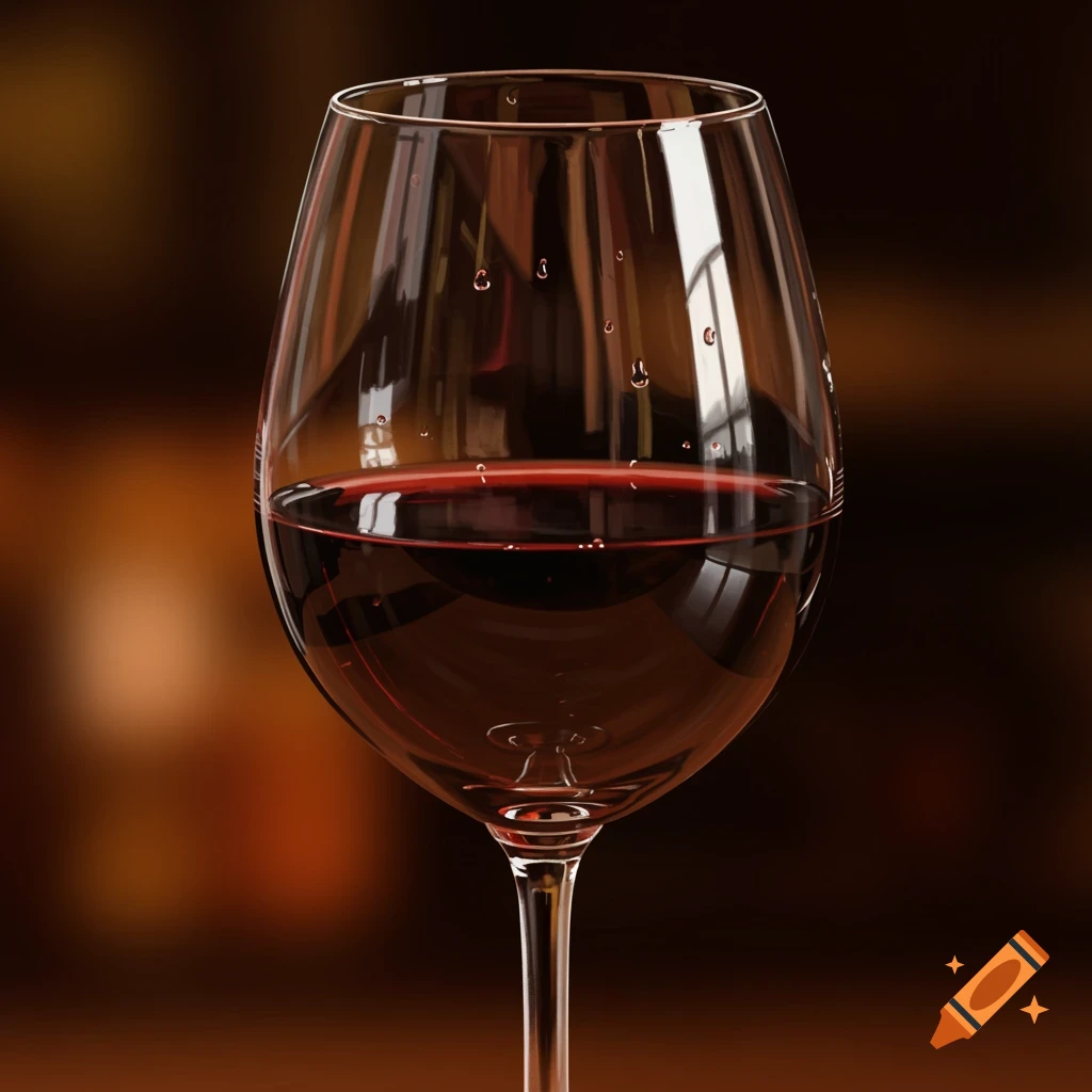 A close-up photorealistic image of a glass of red wine, half full, with reflections and droplets on the glass, against a blurred warm background.