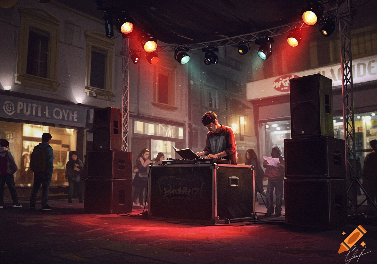 A street performance with a DJ playing under lights and a crowd watching.