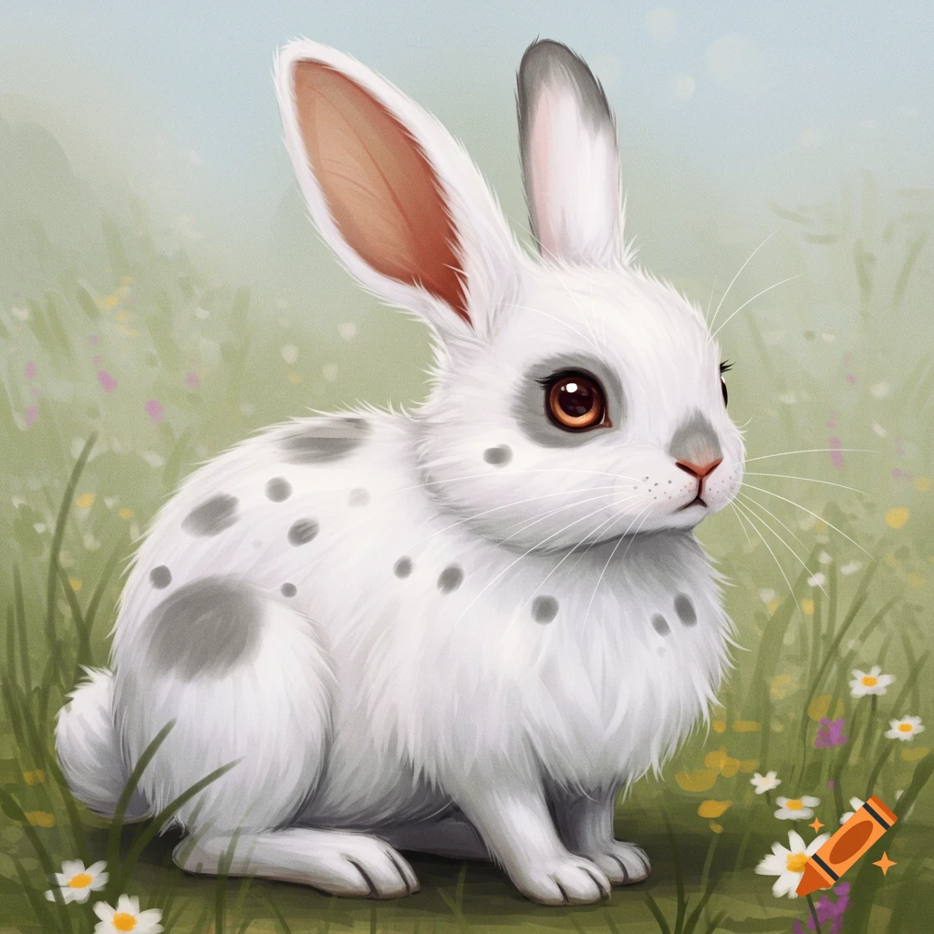 A white rabbit with grey spots sitting in a grassy field with small flowers.