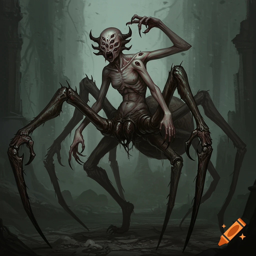 Monstrous humanoid spider creature with multiple eyes in dark ruins.