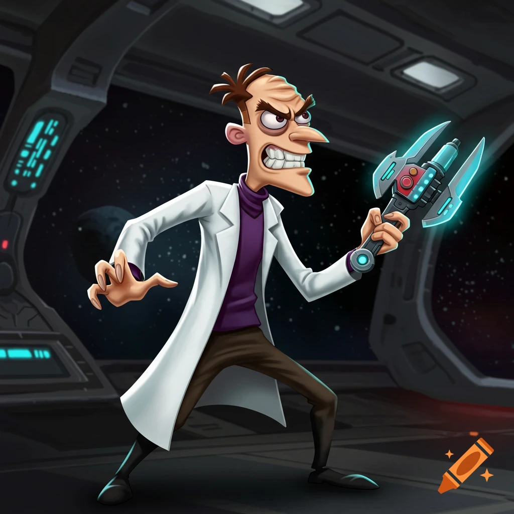 Cartoon character Dr. Doofenshmirtz holds a strange pink blob in a ...