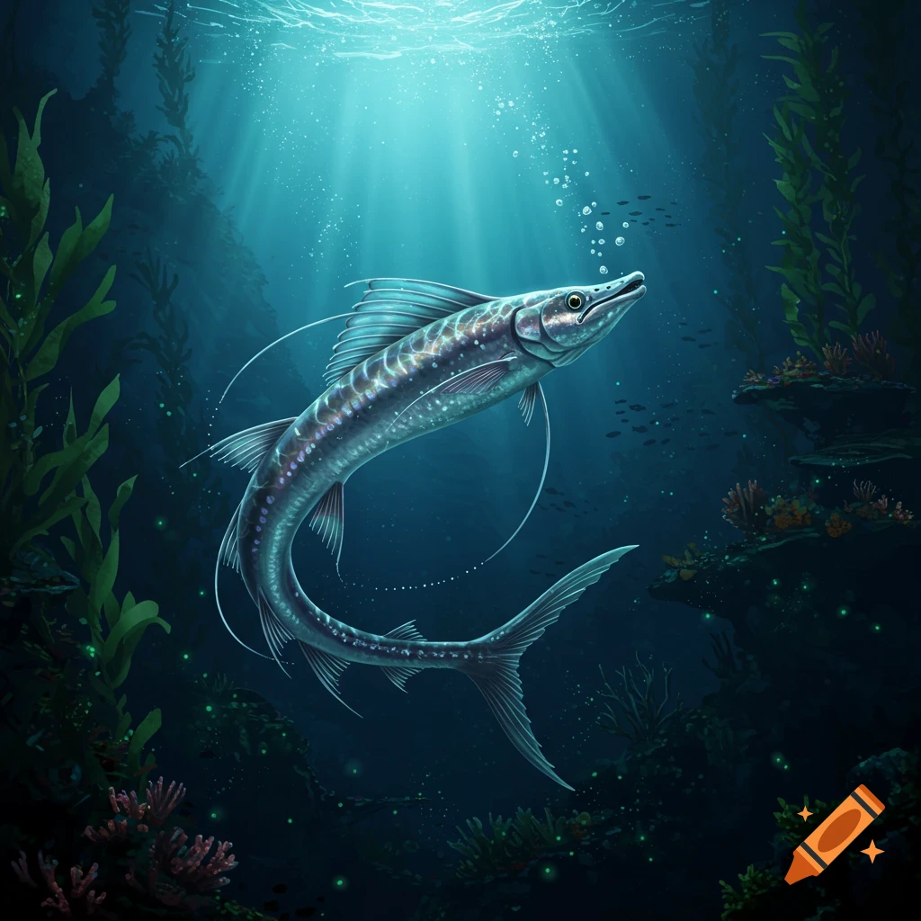 A fish swimming in a sunlit underwater scene with seaweed and coral.
