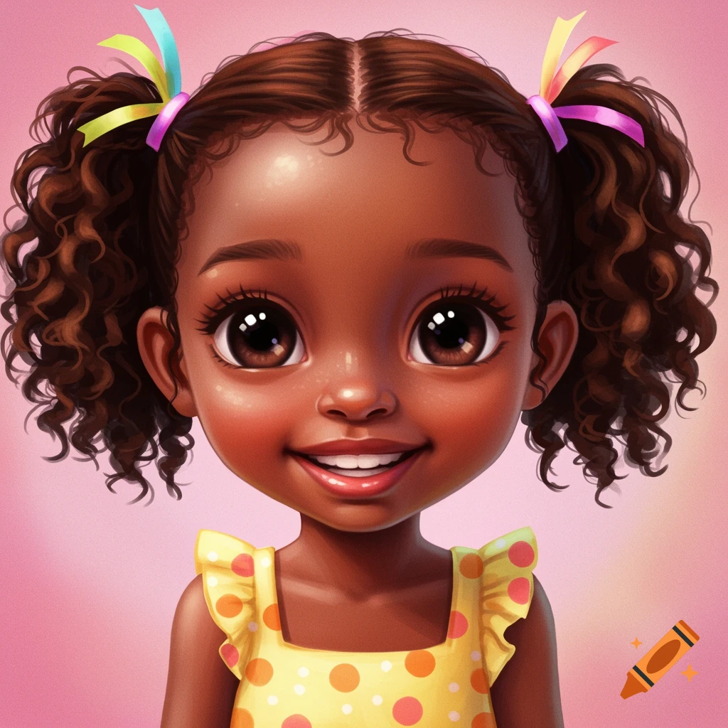 A cute young Black girl with pigtails and ribbons, smiling in a yellow polka dot dress against a pink background.
