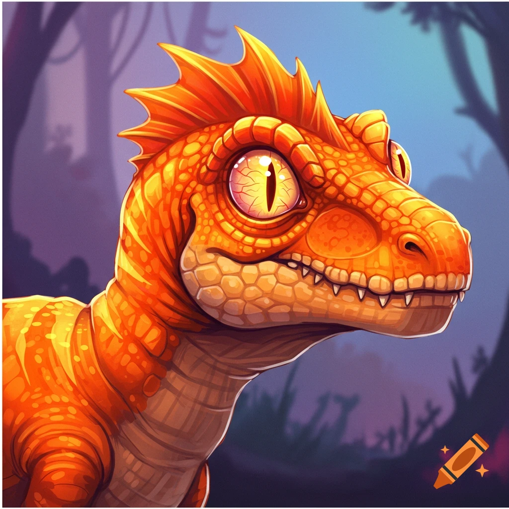 Cartoon of an orange dinosaur head with large eyes against a blurry forest background.