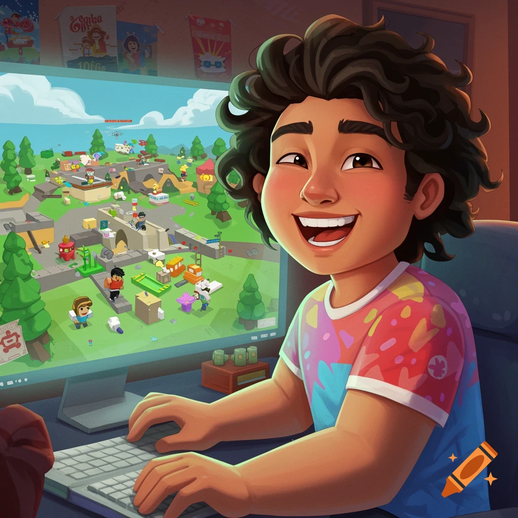 Cartoon of a smiling teenager playing a colorful block-style video game on a computer.
