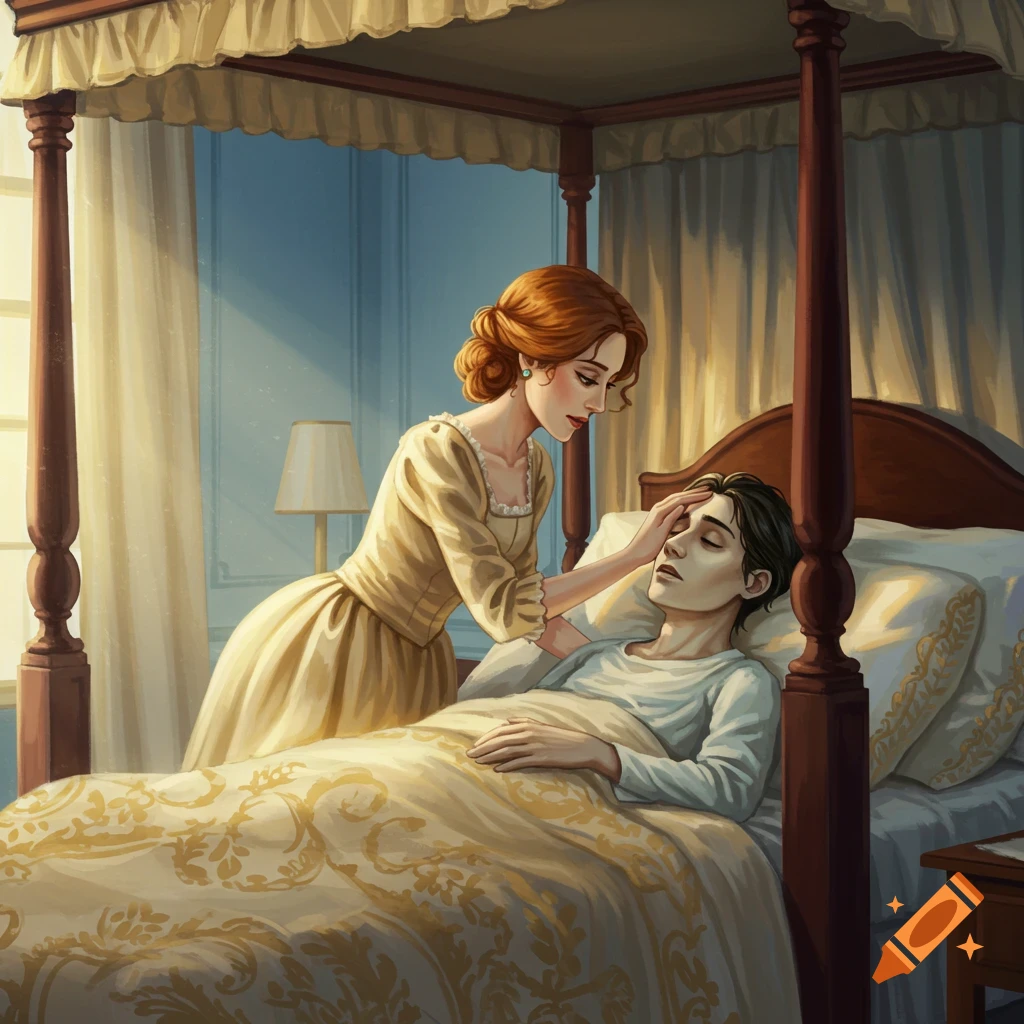 A woman is tending to a sick person in a four-poster bed.