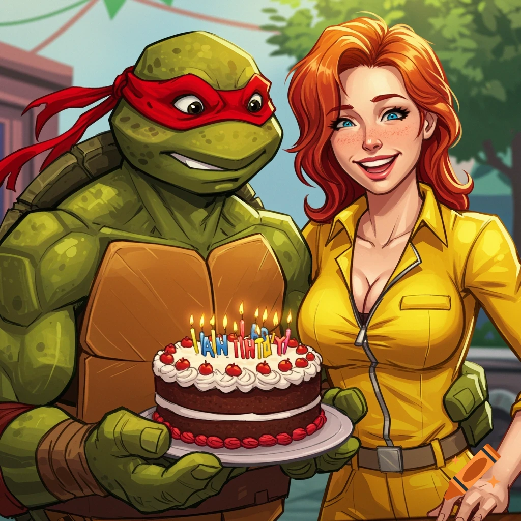Raphael and April O'Neil hold a birthday cake in comic art style.